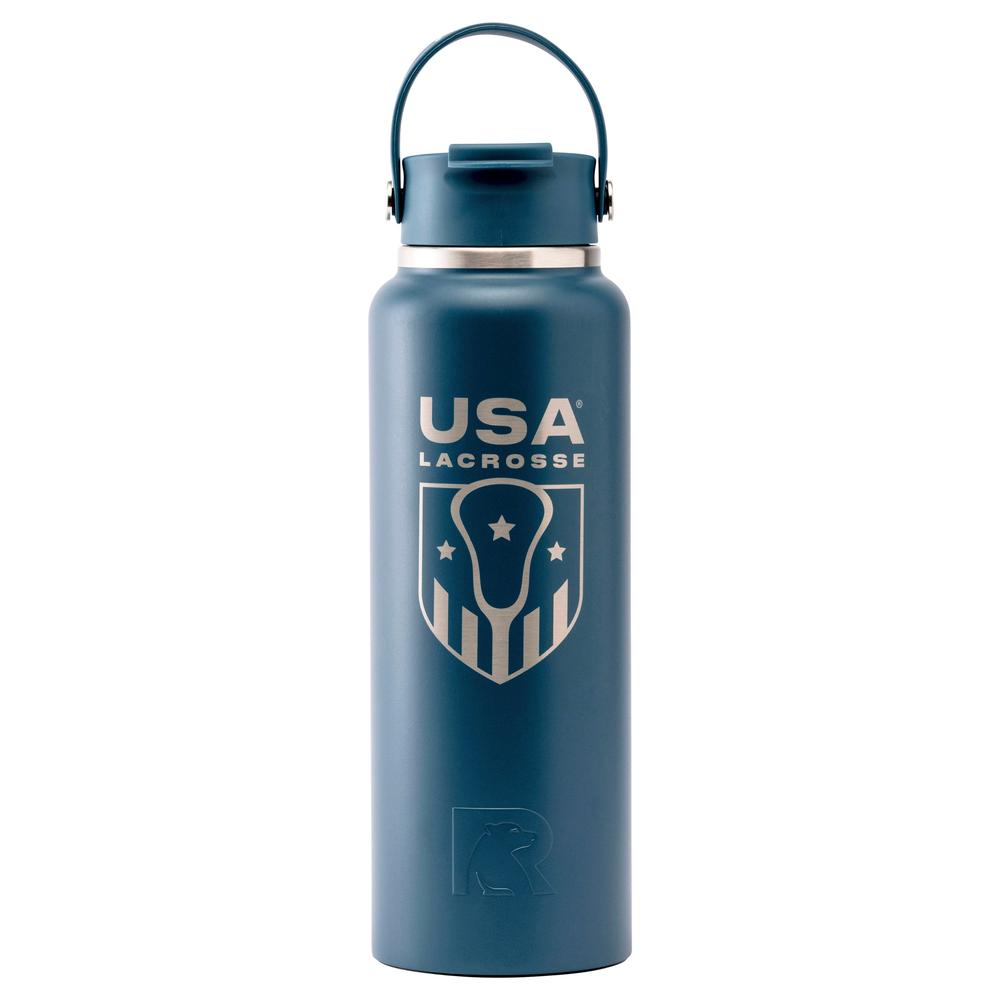 Blue water bottle with USA Lacrosse logo and handle.