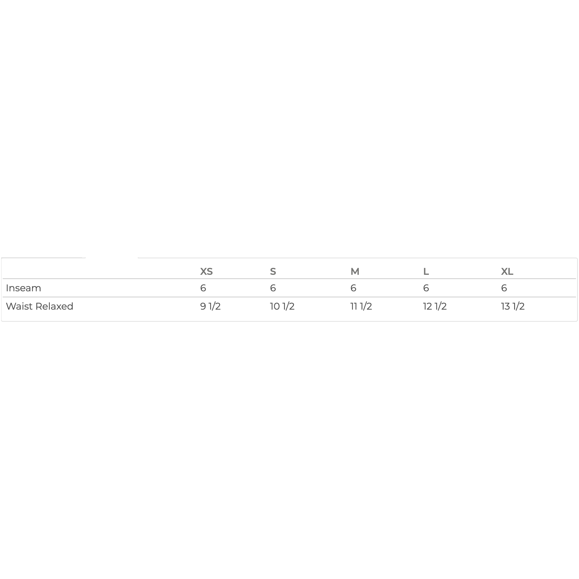 Size chart for inseam and waist relaxed measurements from XS to XL.