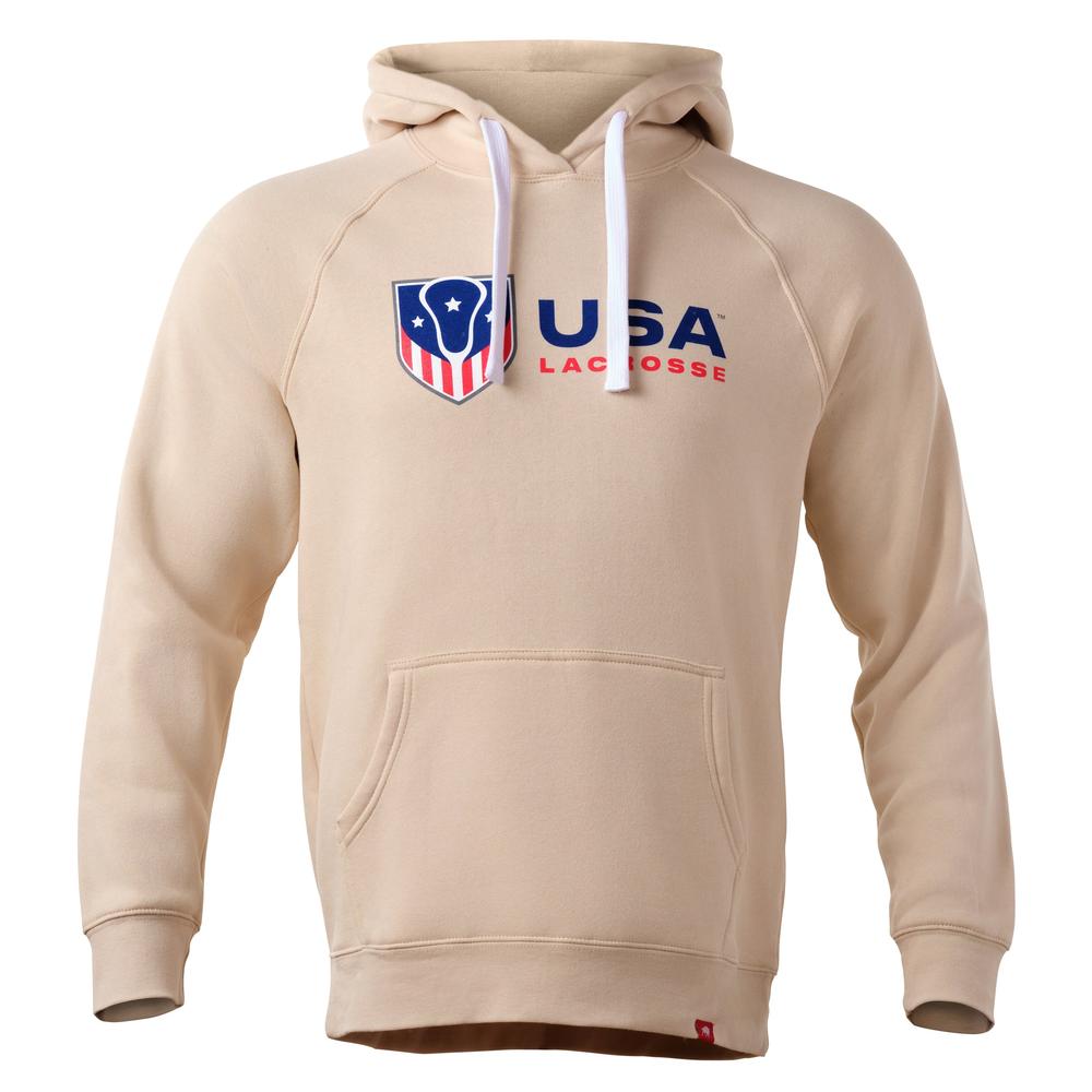 Beige hoodie with USA Lacrosse logo on the chest.