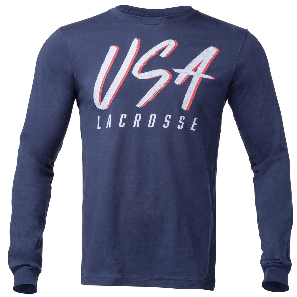 Navy long-sleeve shirt with USA Lacrosse in bold white and red letters.