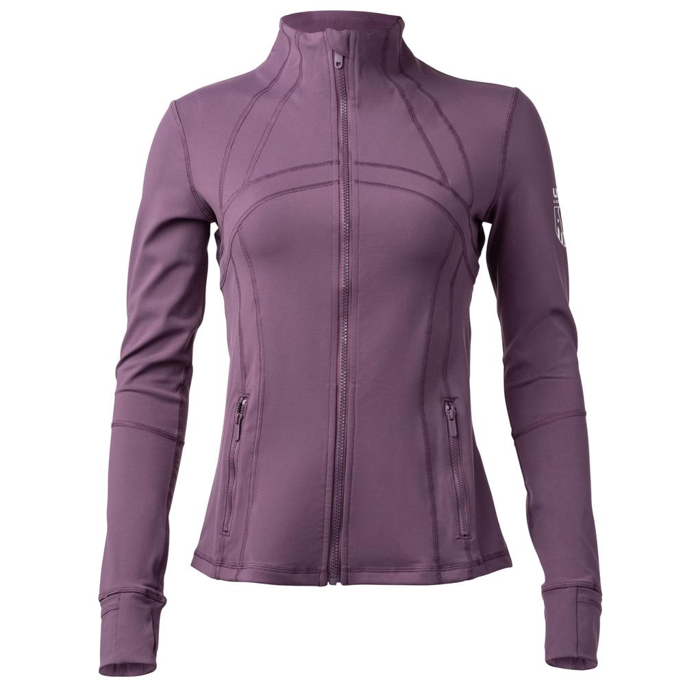 Purple women's athletic jacket with a high collar and front zipper.