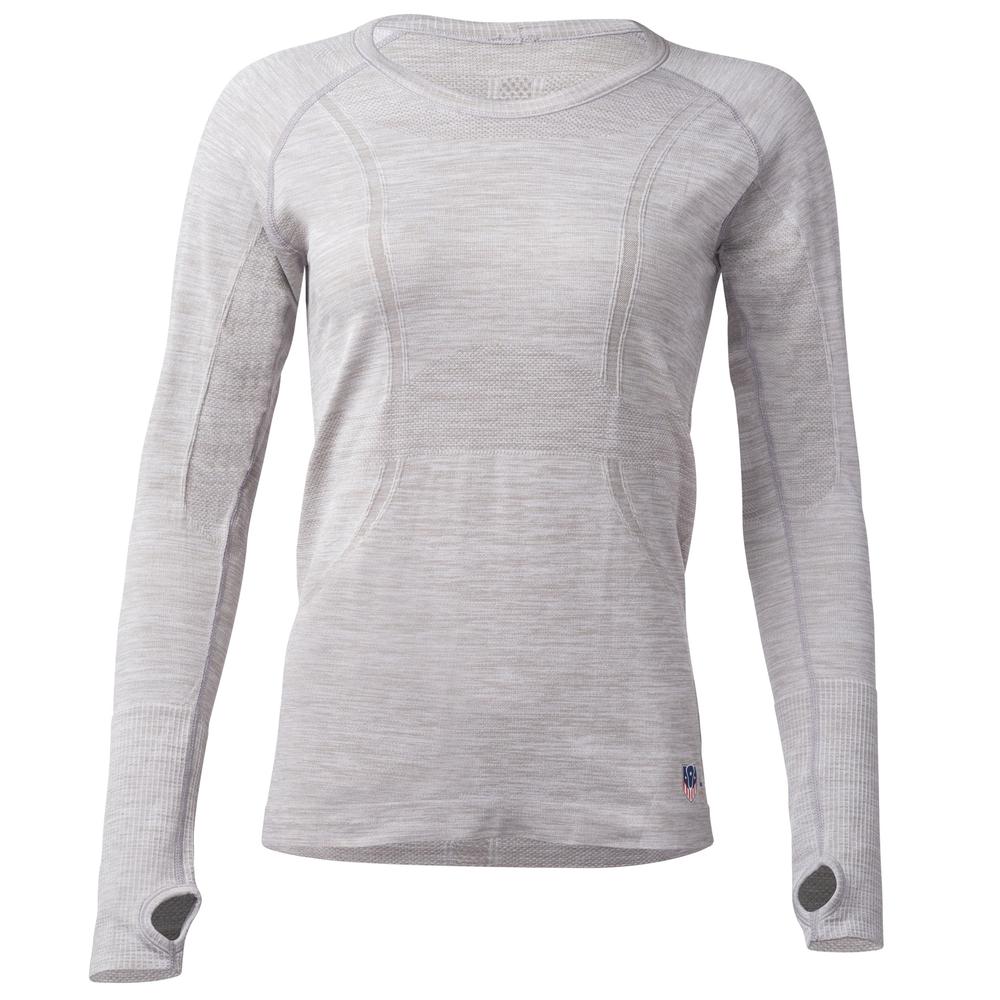 Gray long-sleeve athletic shirt with thumb holes on sleeves.