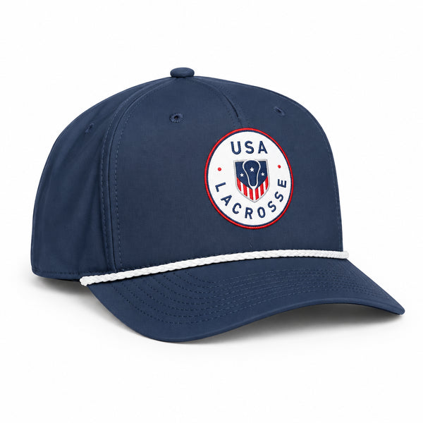 Navy rope hat with a round USA Lacrosse patch and white rope detail
