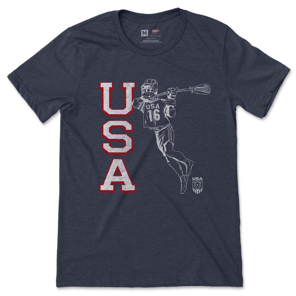Navy t-shirt with "USA" and a lacrosse player graphic.