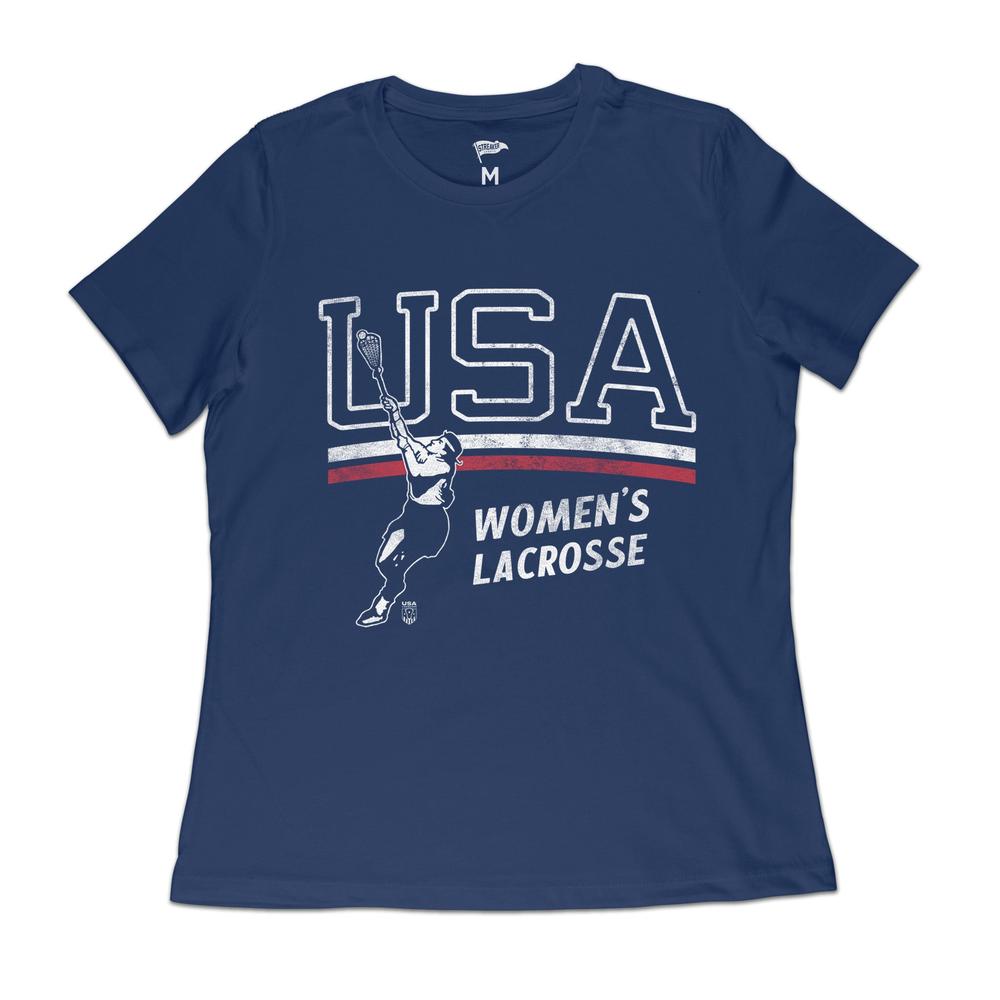 Blue T-shirt with "USA Women's Lacrosse" and player graphic.