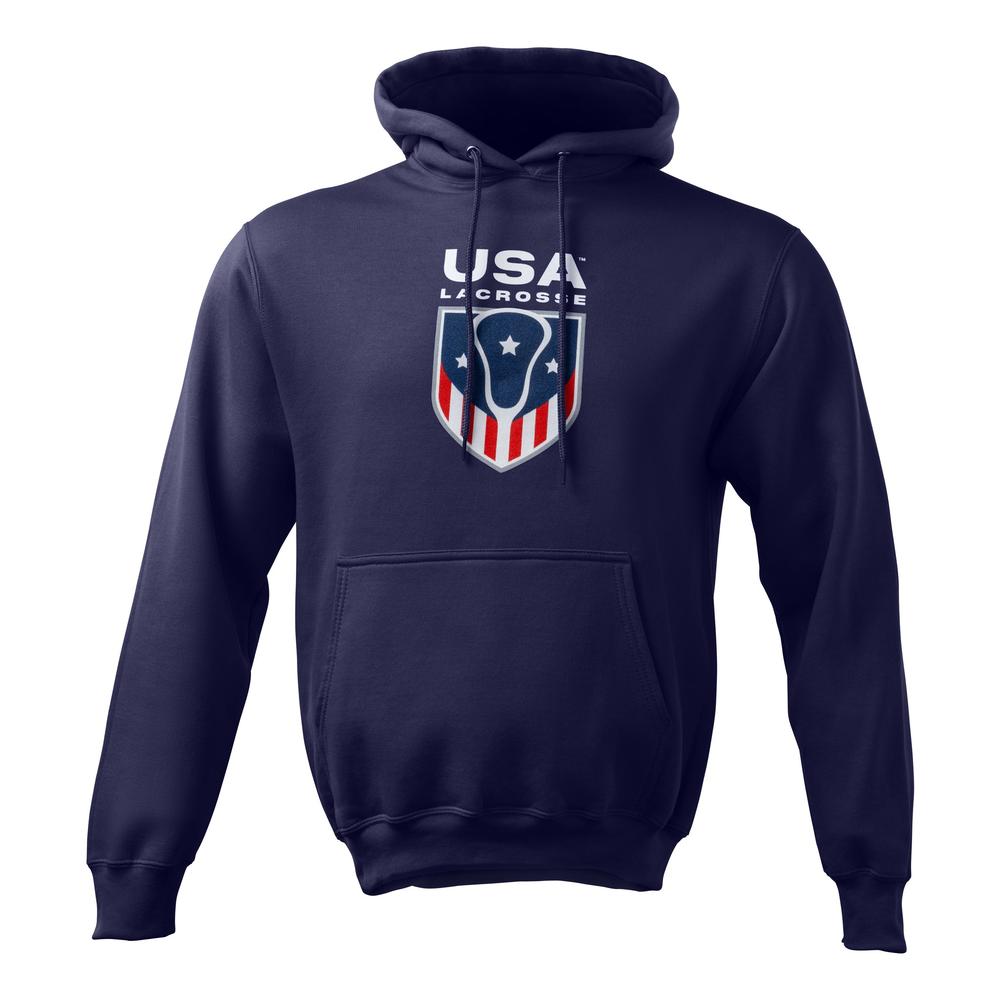 Navy blue hoodie with USA logo and shield design.