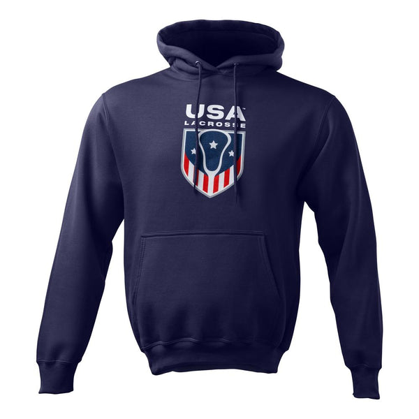 Navy blue hoodie with USA logo and shield design.