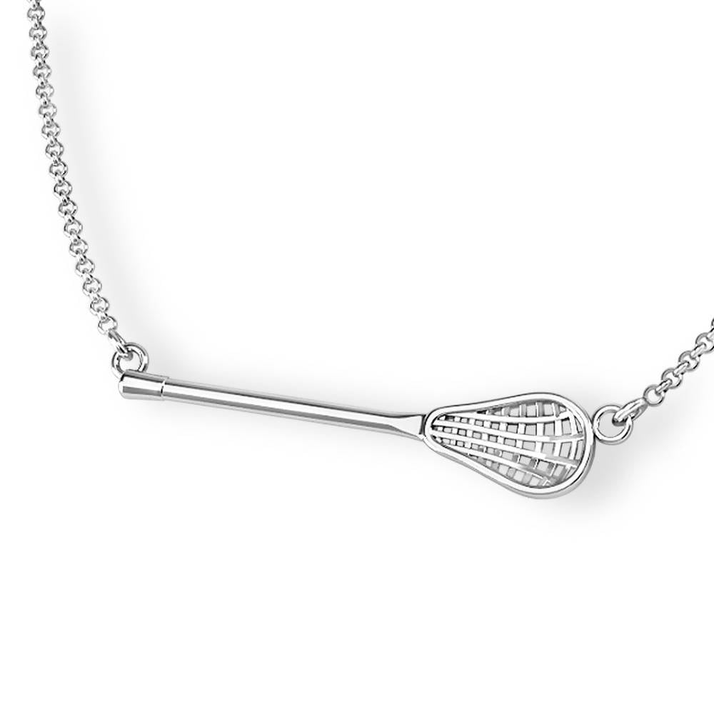 Silver necklace with a lacrosse stick pendant.