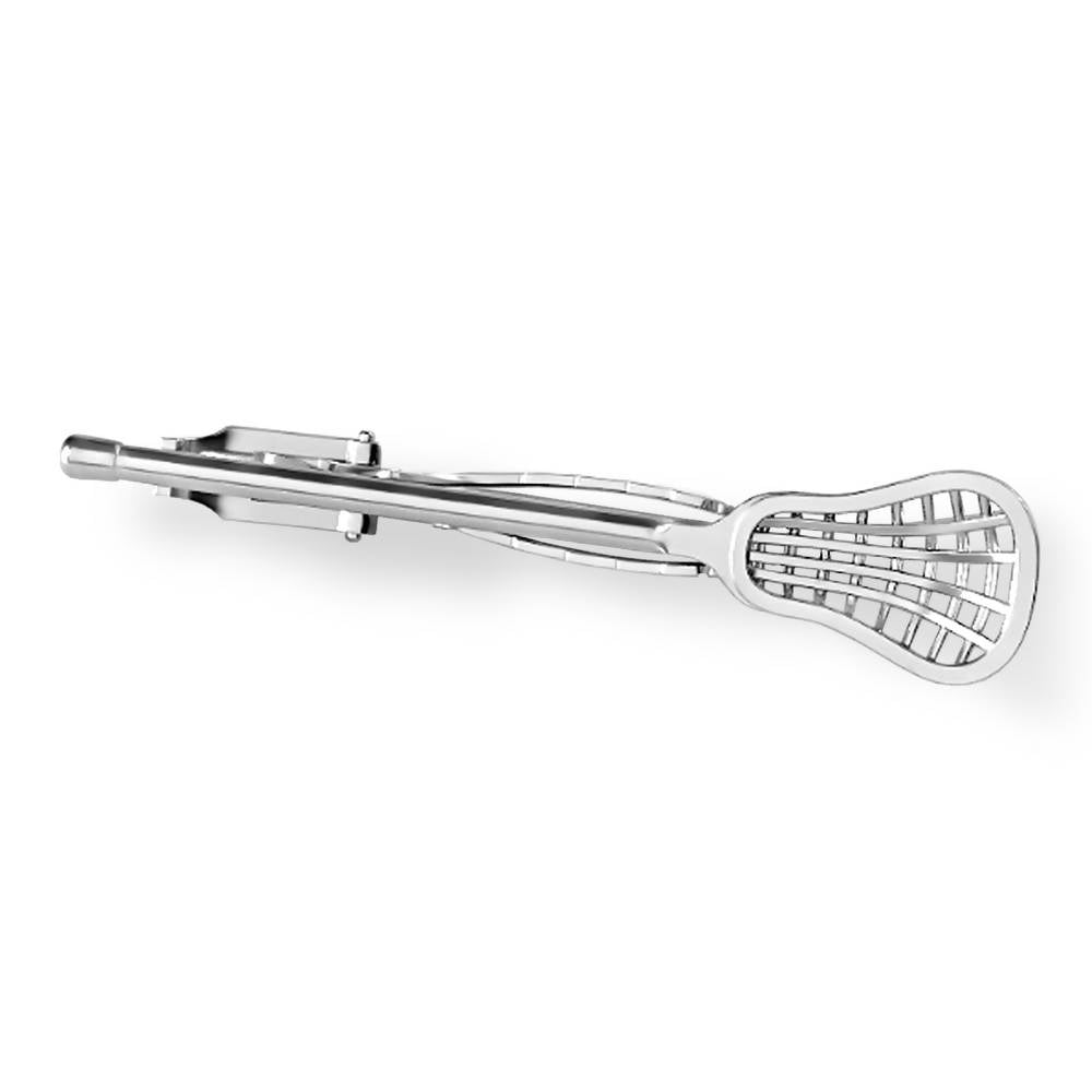Silver tie clip shaped like a lacrosse stick on white background.