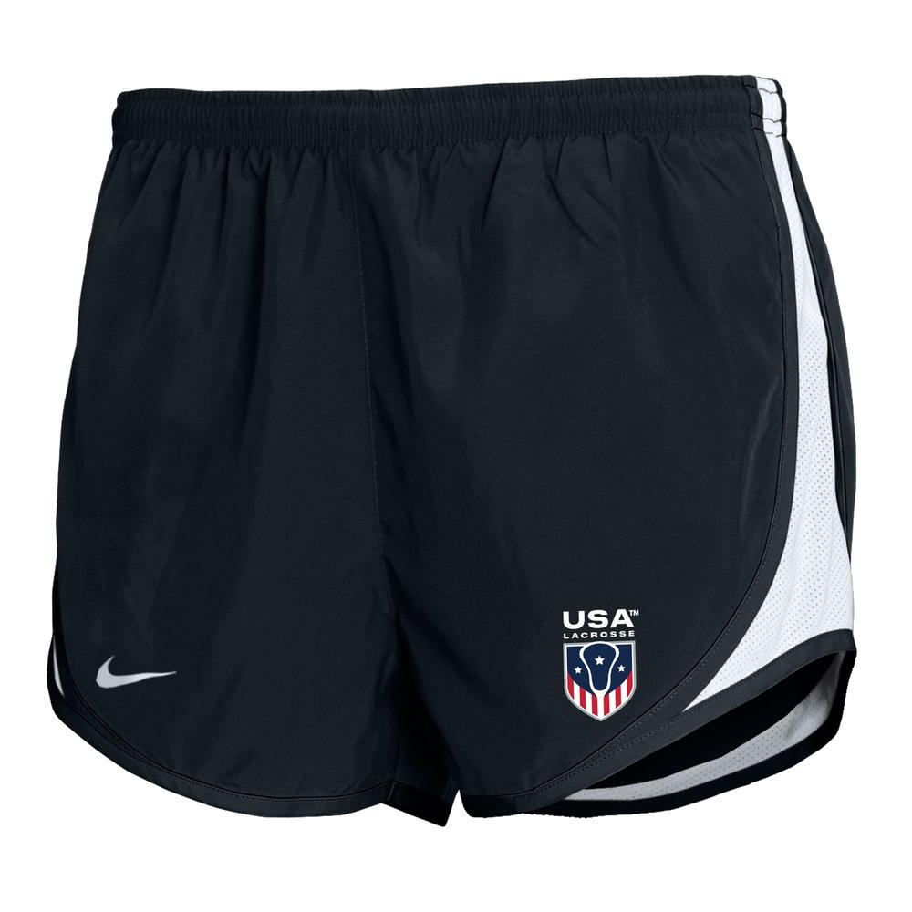 Red athletic shorts with USA Lacrosse logo and white side stripes.