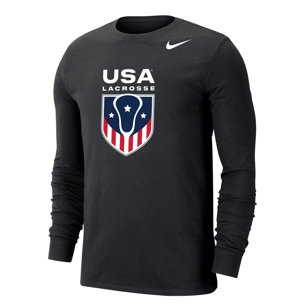 Red long-sleeve shirt with USA Lacrosse logo and Nike swoosh.