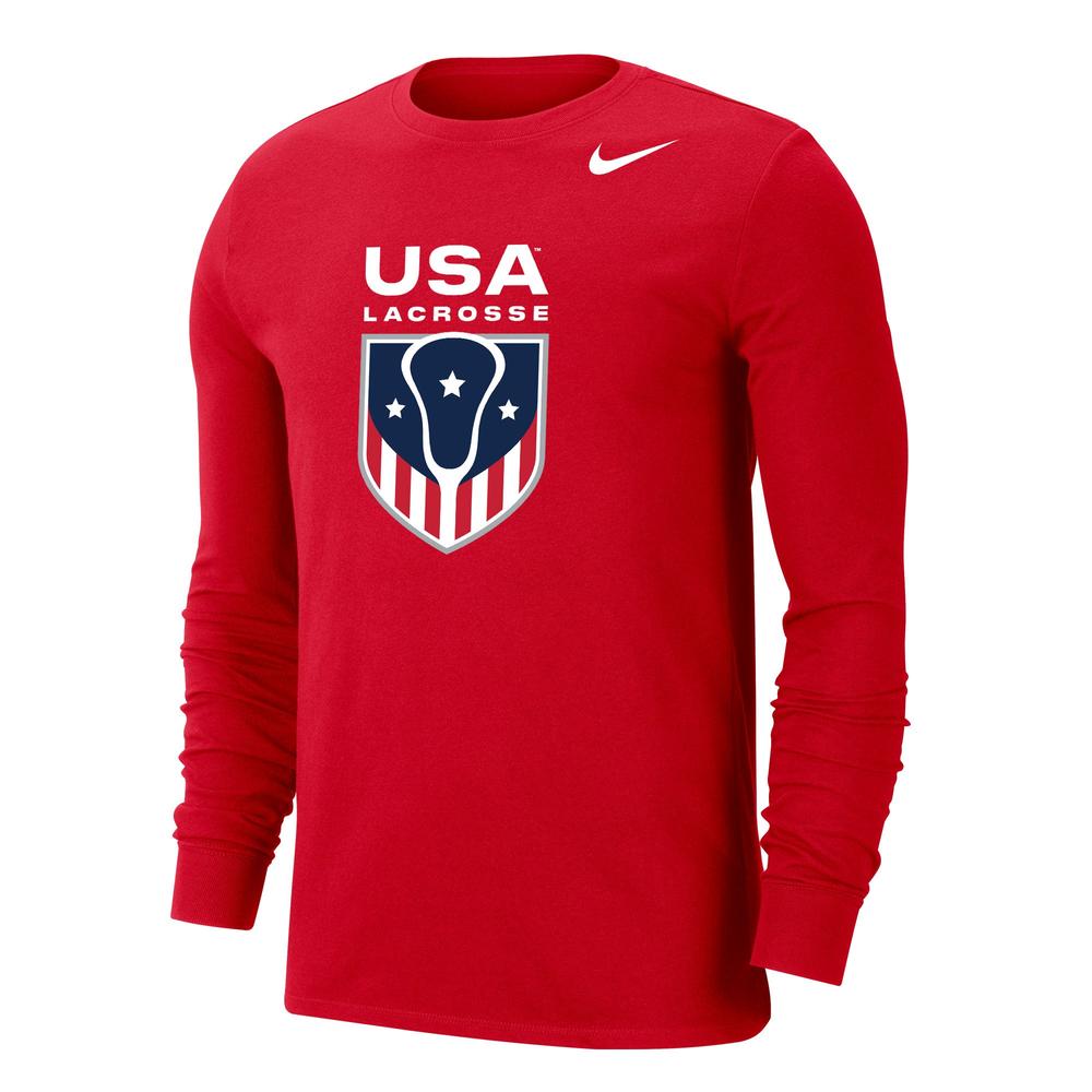 Red long-sleeve shirt with USA Lacrosse logo and Nike swoosh.
