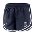 Navy athletic shorts with USA logo and white trim.
