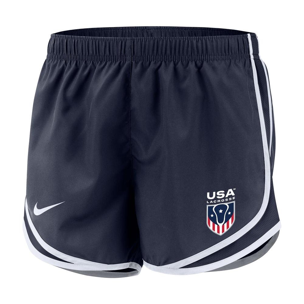 Navy athletic shorts with USA logo and white trim.