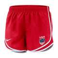 Red athletic shorts with USA logo and white trim.