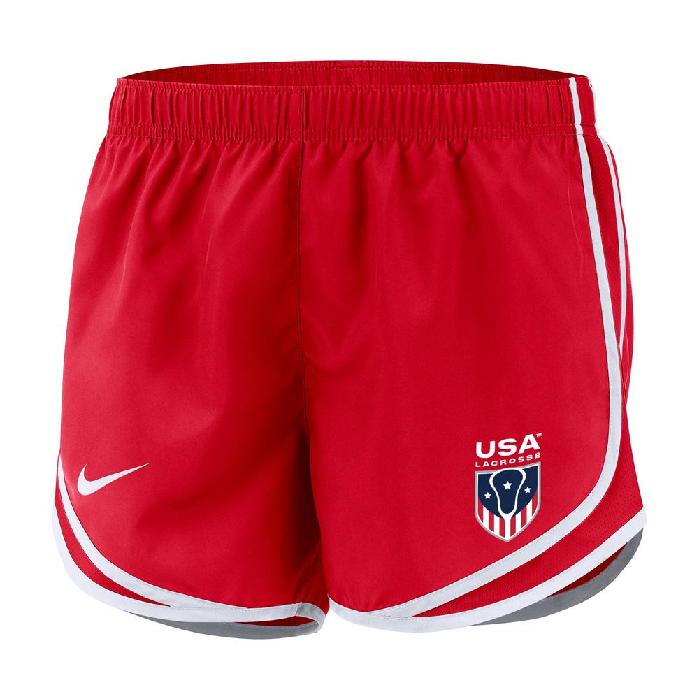 Red athletic shorts with USA logo and white trim.