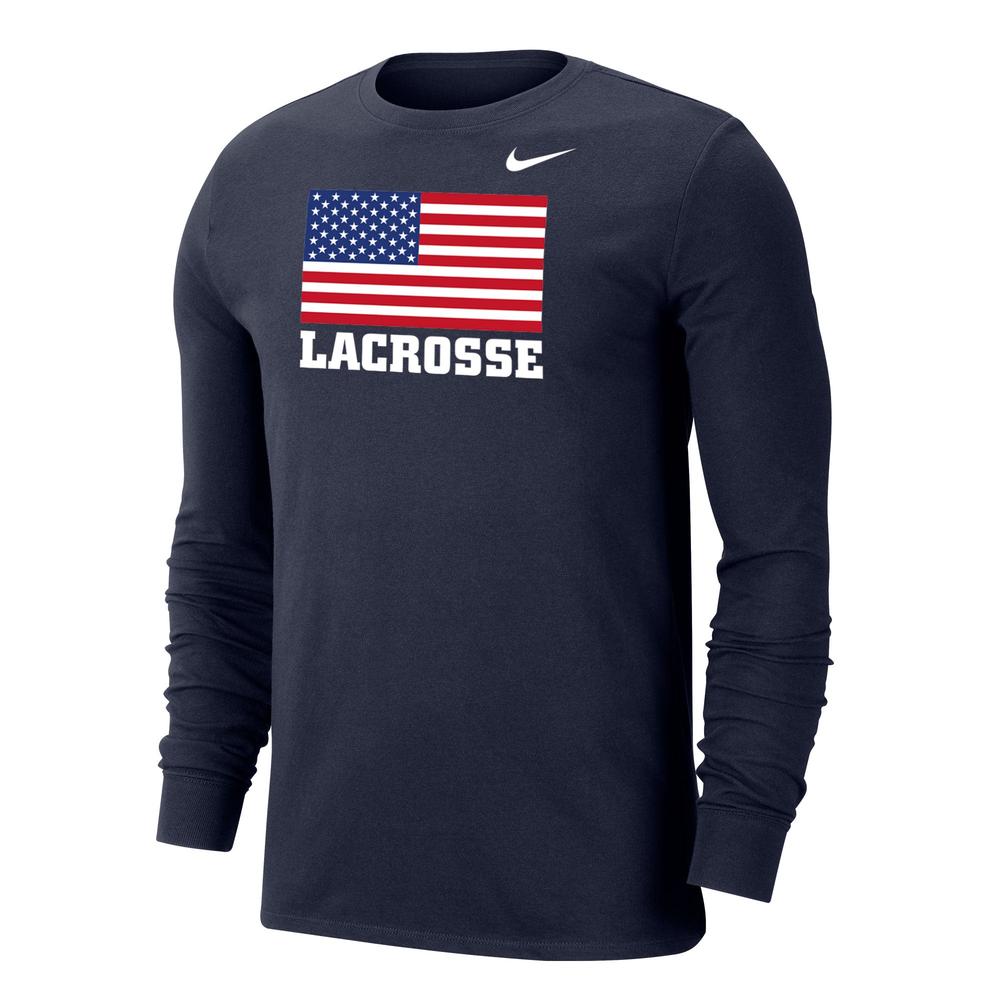 White long-sleeve shirt with American flag and "Lacrosse" text.