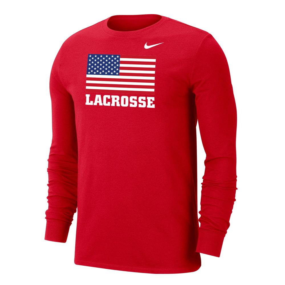 Red long-sleeve shirt with American flag and "Lacrosse" text.