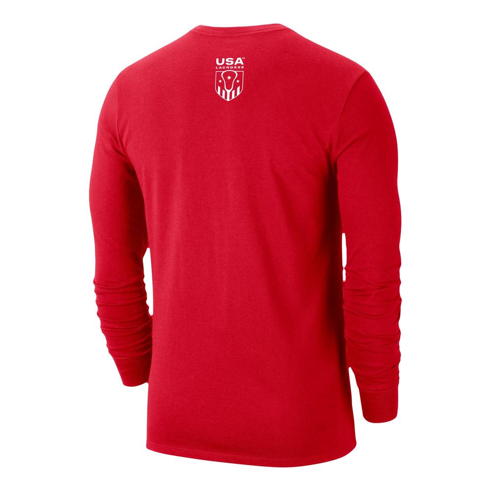 Red long-sleeve shirt with USA Lacrosse logo on the back.