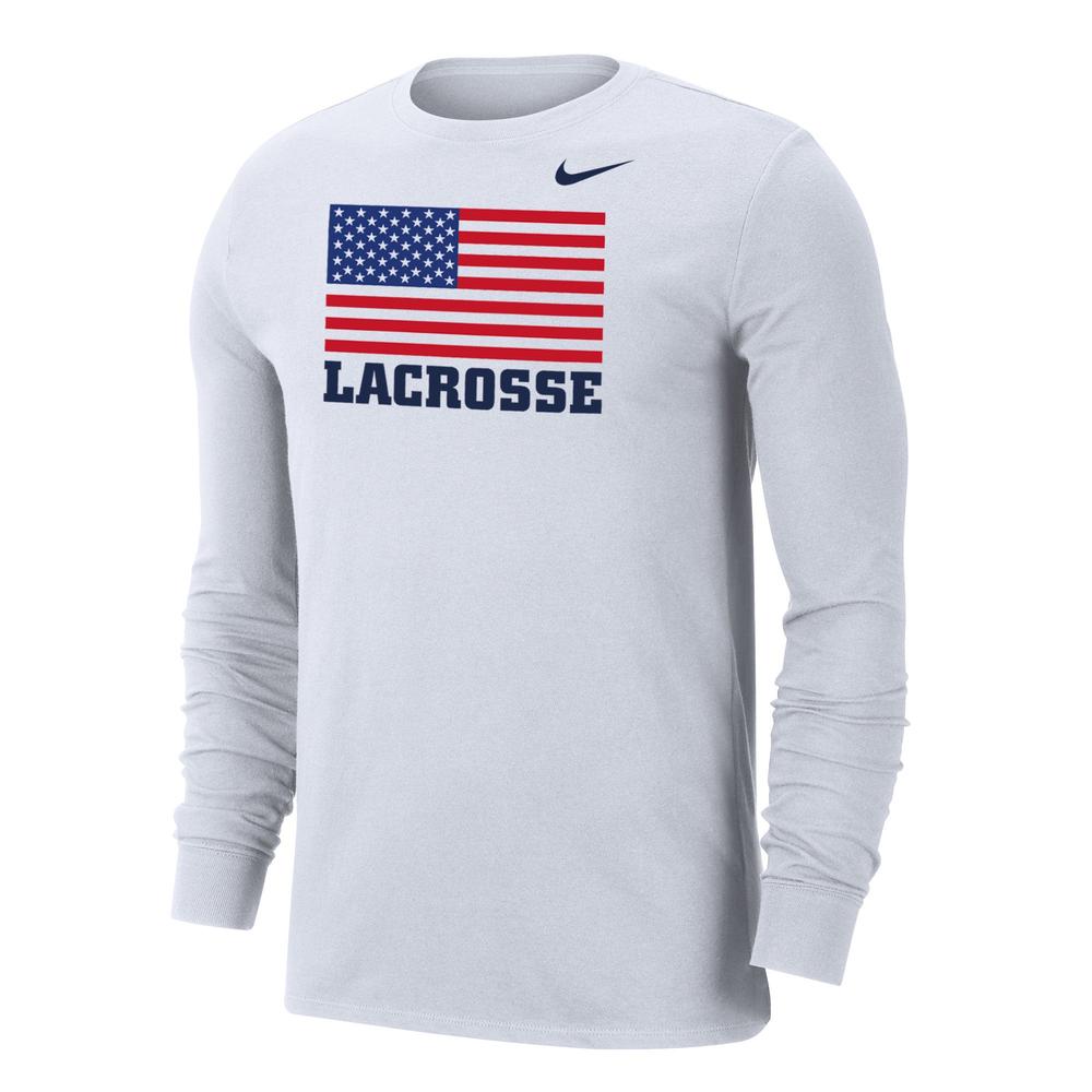 White long-sleeve shirt with American flag and "Lacrosse" text.