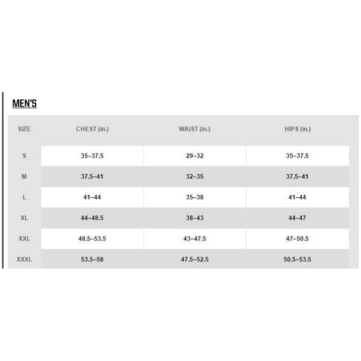 Men's clothing size chart with measurements for chest, waist, and hips.
