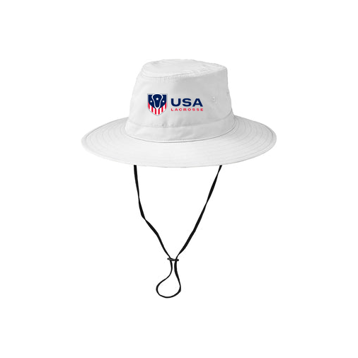White bucket hat with "USA" and a logo, featuring a chin strap.