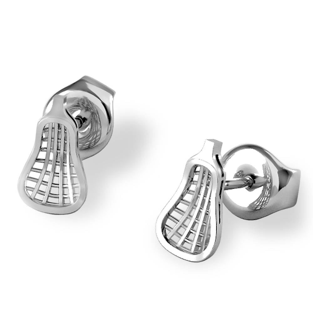Silver lacrosse stick-shaped earrings on white background.