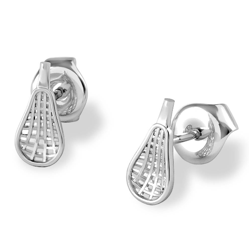 Silver tennis racket-shaped earrings with stud backs.