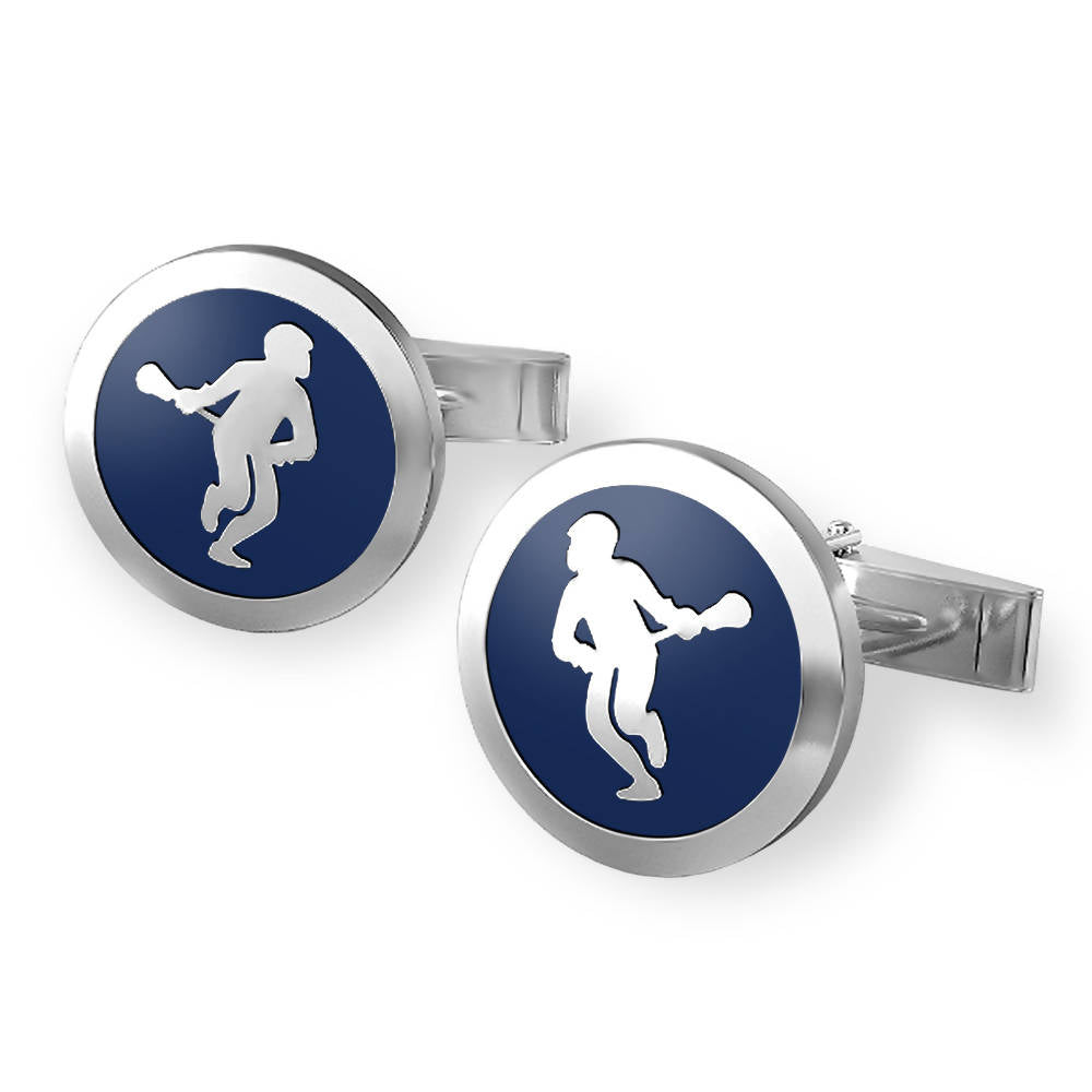Silver cufflinks with green background and white lacrosse player design.