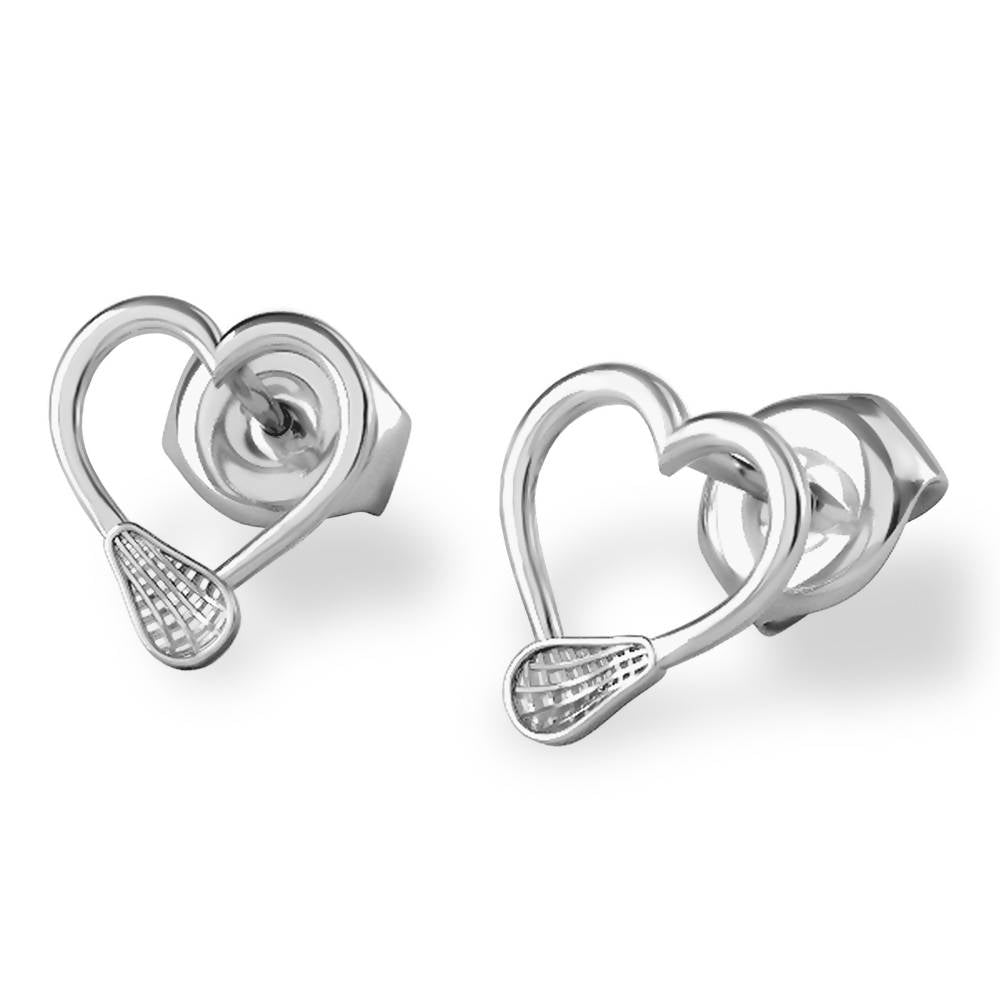 Silver heart-shaped earrings with lacrosse stick design.