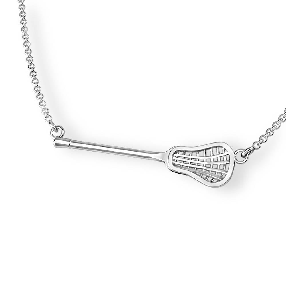 Silver lacrosse stick pendant on a chain necklace.
