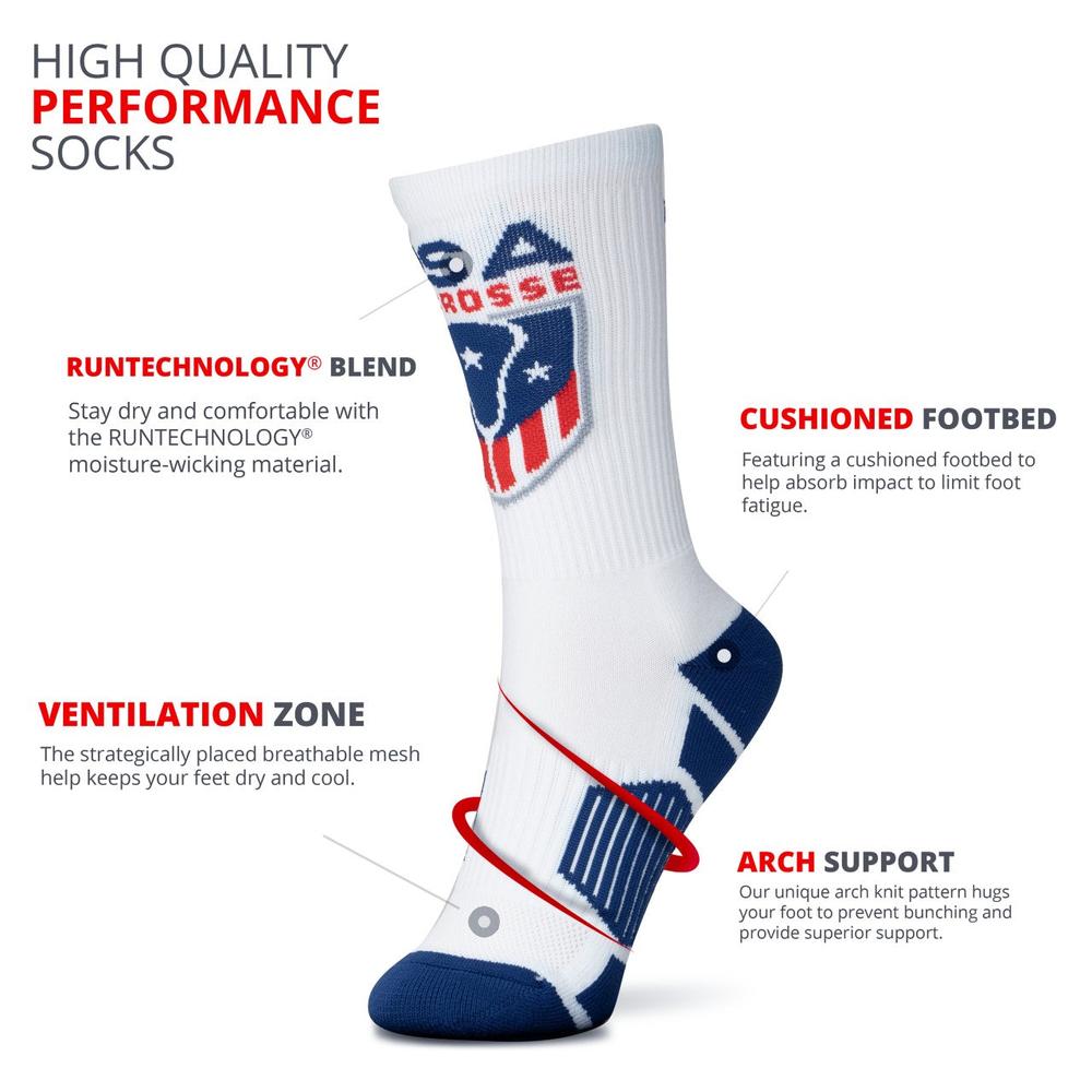 White socks with USA Lacrosse logo and blue lacrosse stick design.