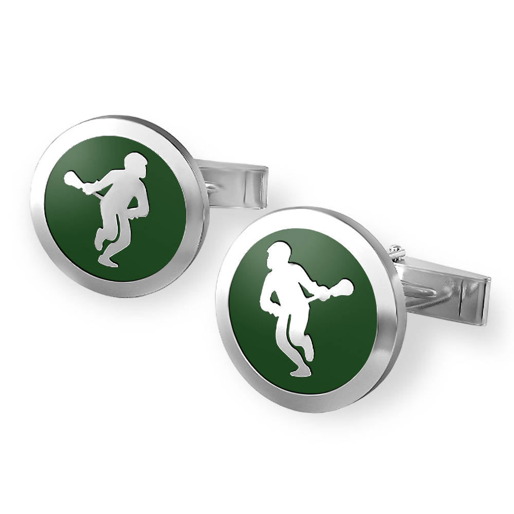 Silver cufflinks with green background and white lacrosse player design.