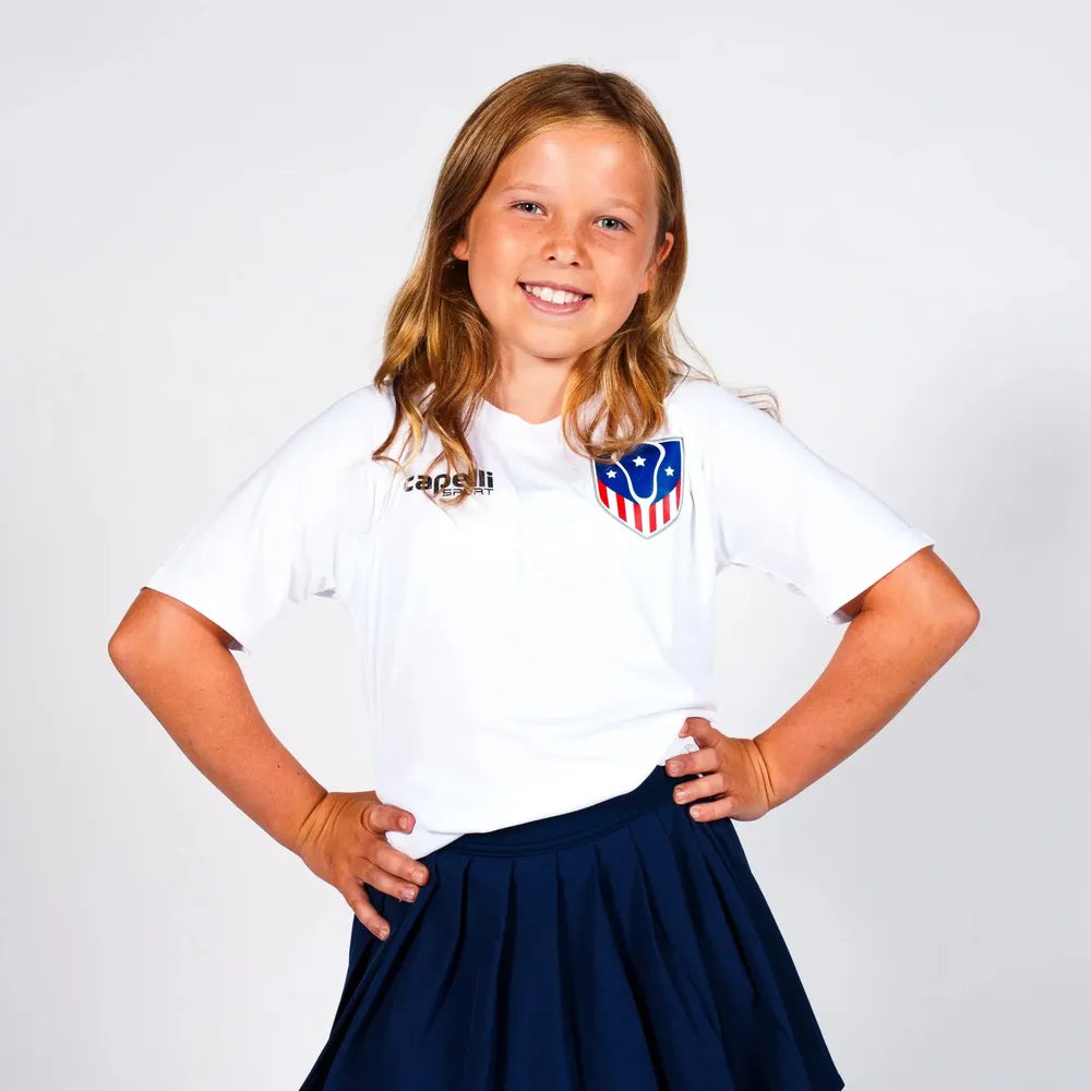 White sports jersey with a blue and red shield logo on the chest.