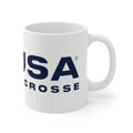 White mug with USA Lacrosse logo in blue.