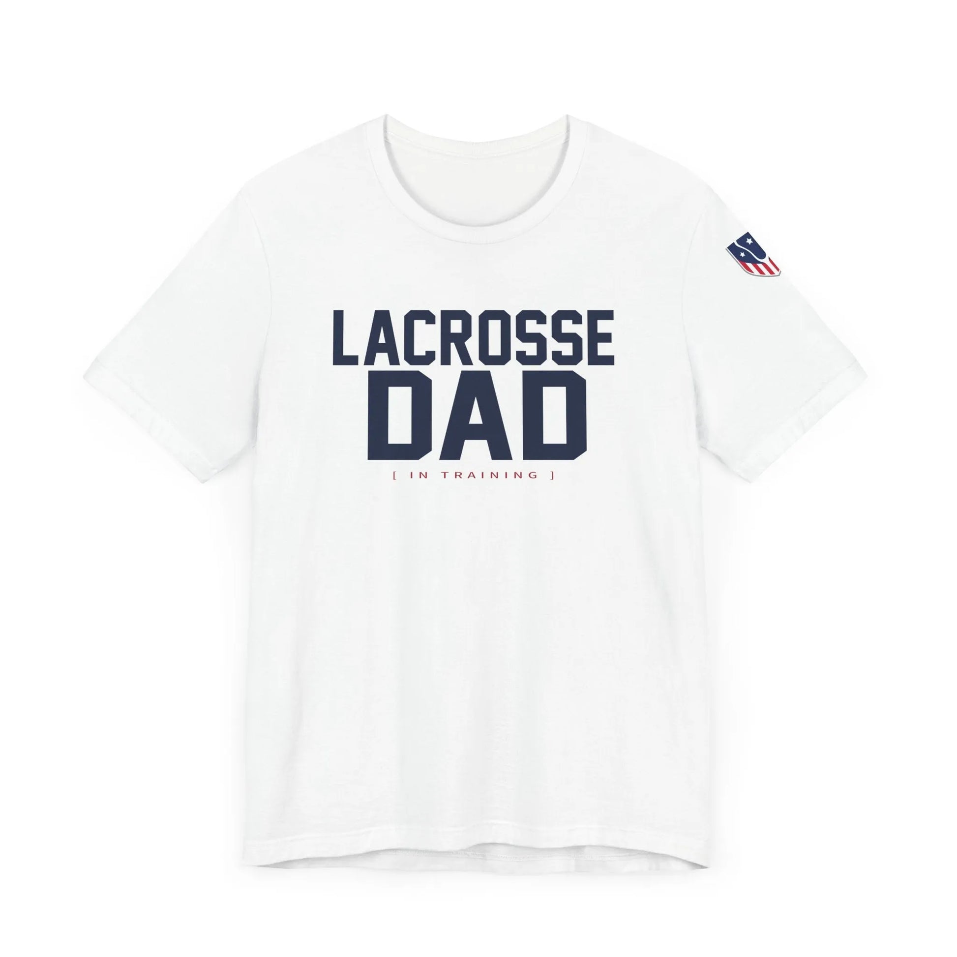 White t-shirt with "Lacrosse Dad" text and small flag on sleeve.
