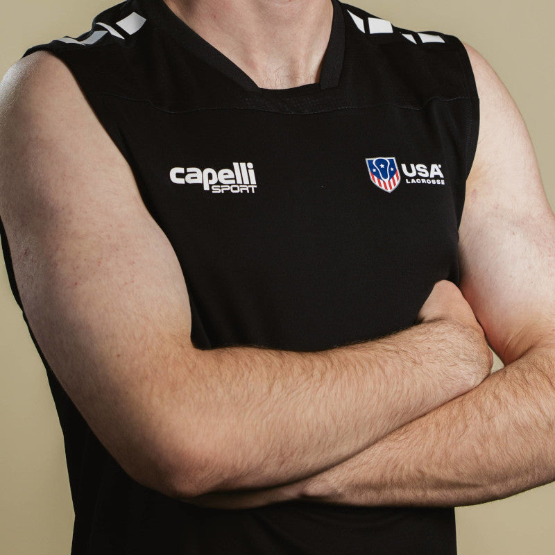 Black sleeveless sports jersey with USA Lacrosse and Capelli Sport logos.