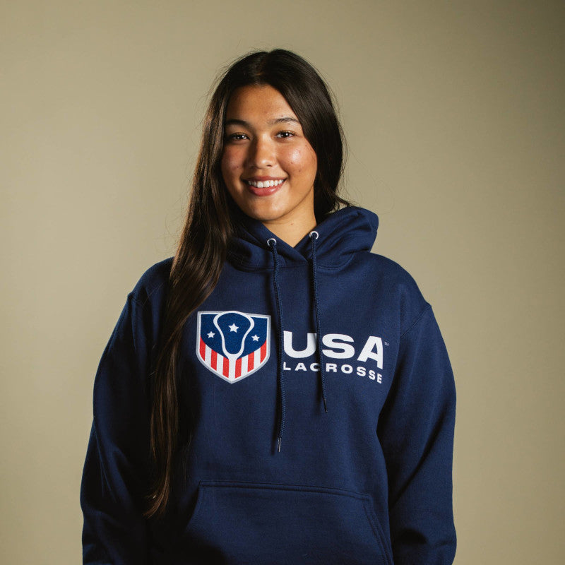 Navy blue hoodie with USA Lacrosse logo on the front.