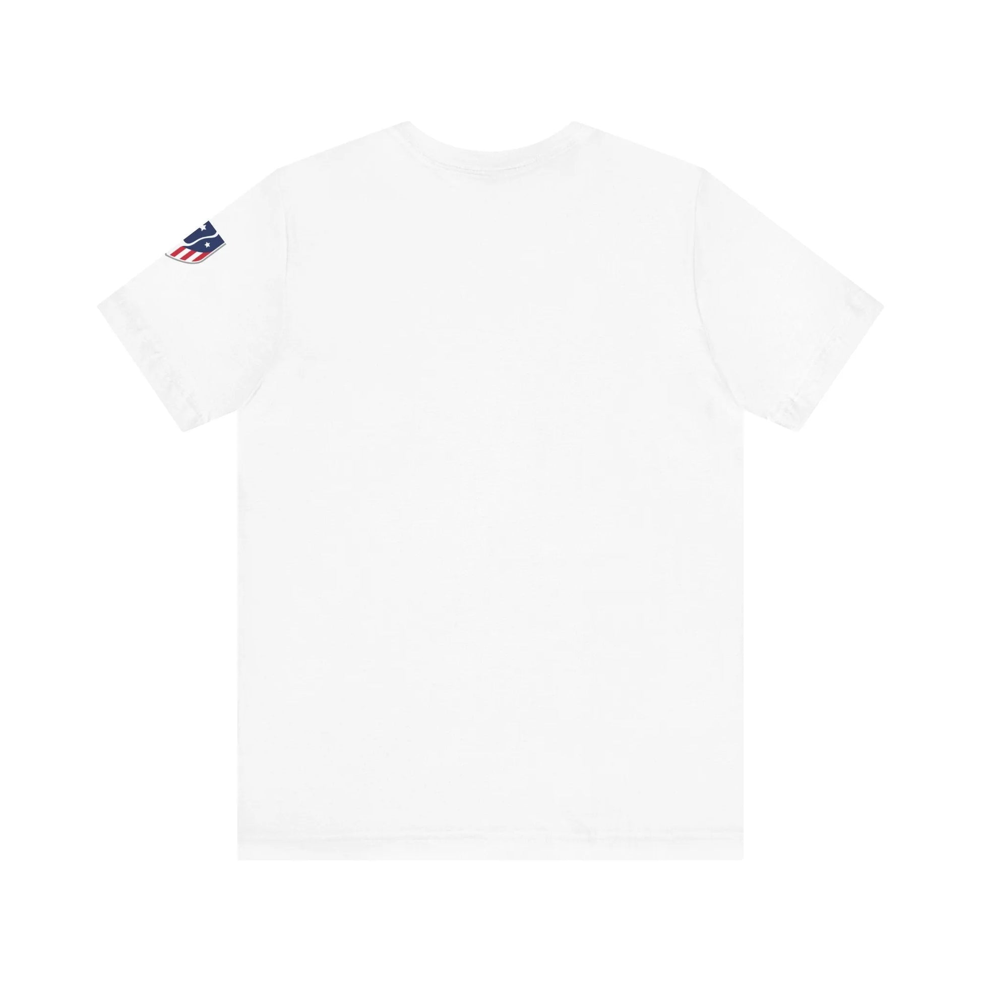 White t-shirt with a small flag on the sleeve.