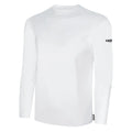 White long-sleeve shirt with a small logo on the sleeve.