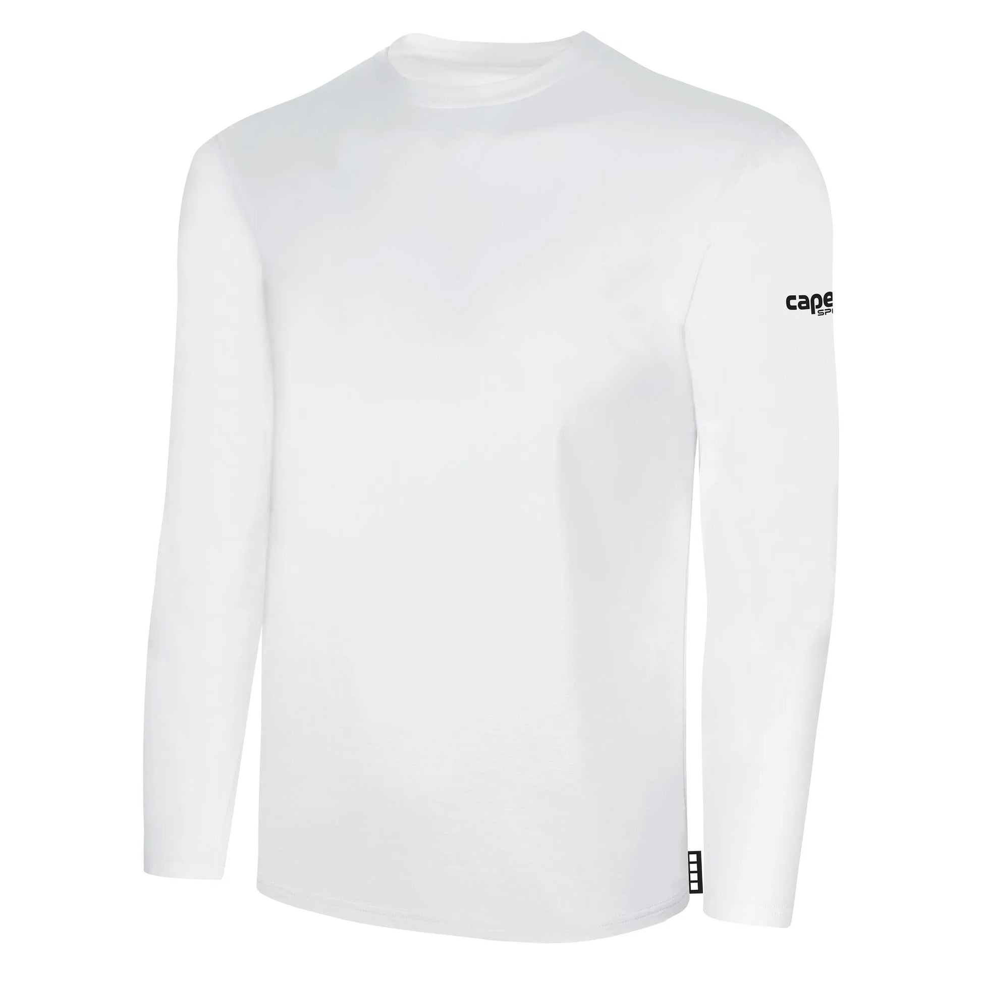 White long-sleeve shirt with a small logo on the sleeve.