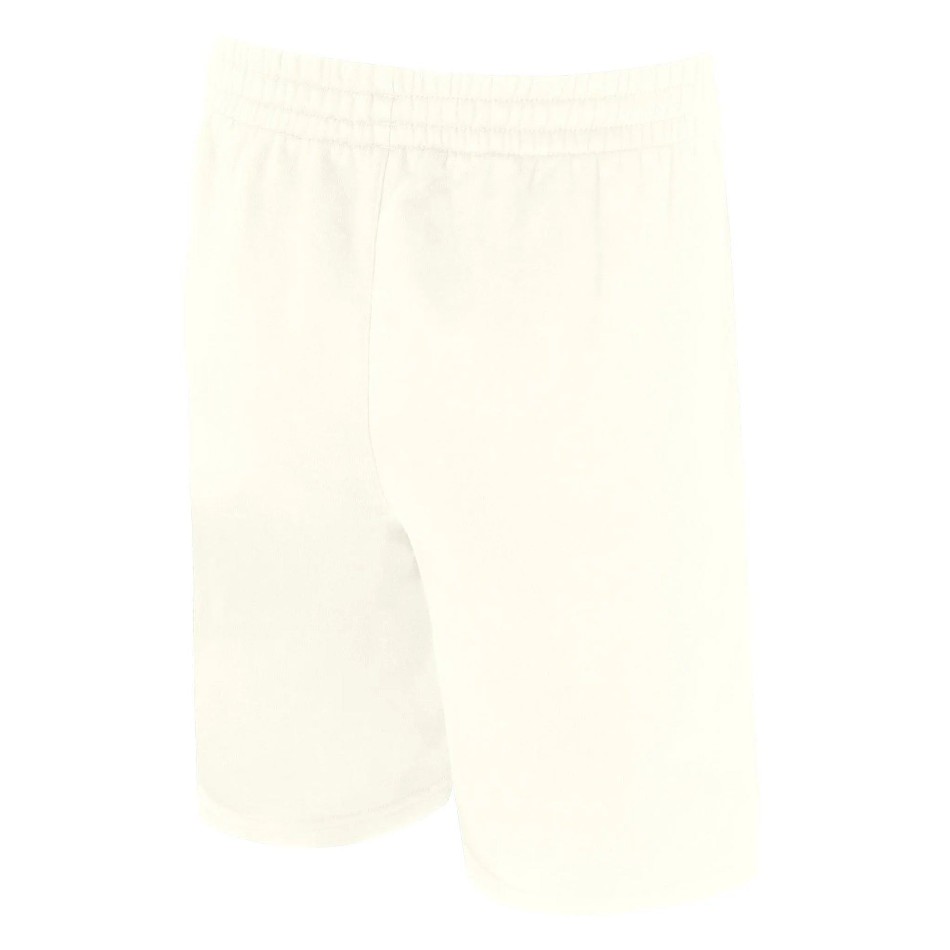 White athletic shorts with an elastic waistband, viewed from the back.