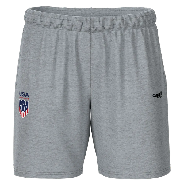 Grey heather youth fleece shorts with a USA Lacrosse shield on the leg