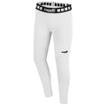 White athletic leggings with black waistband and logo.