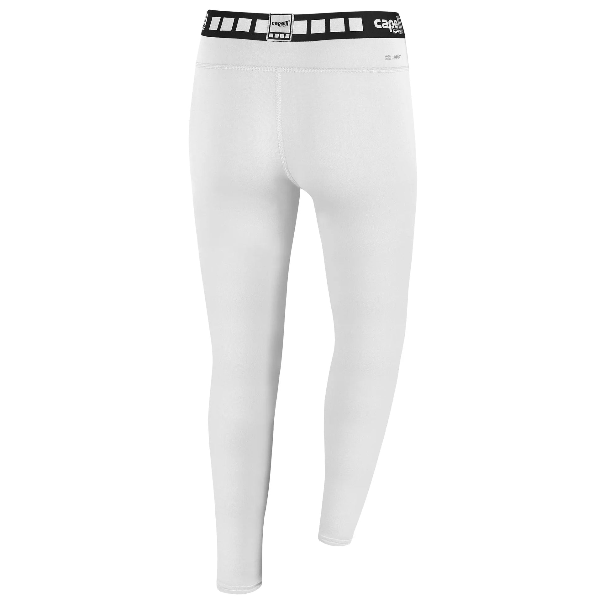 White leggings with a black waistband featuring a square pattern.