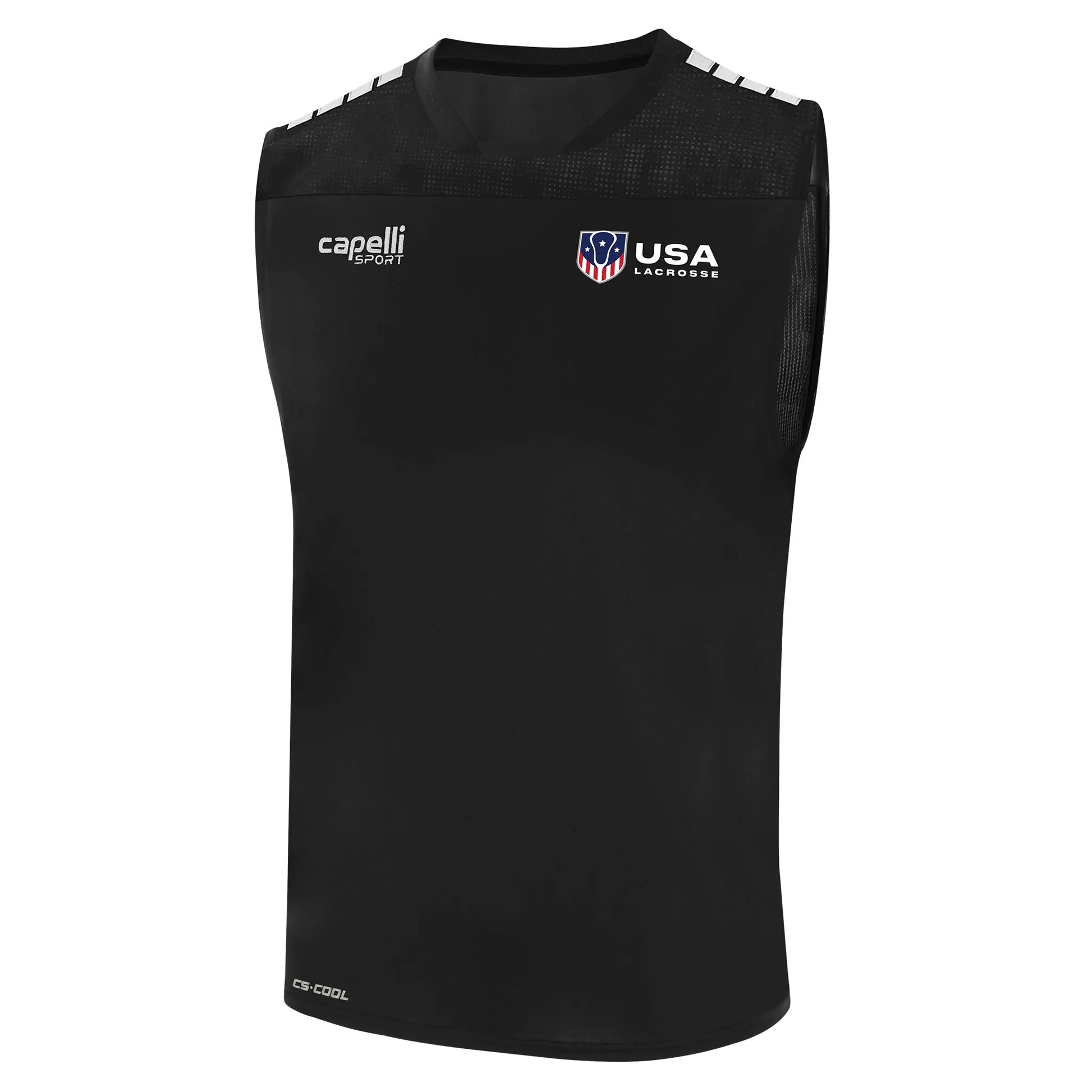 Black sleeveless sports jersey with USA Lacrosse and Capelli Sport logos.