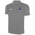 Gray polo shirt with embroidered logo on the chest.