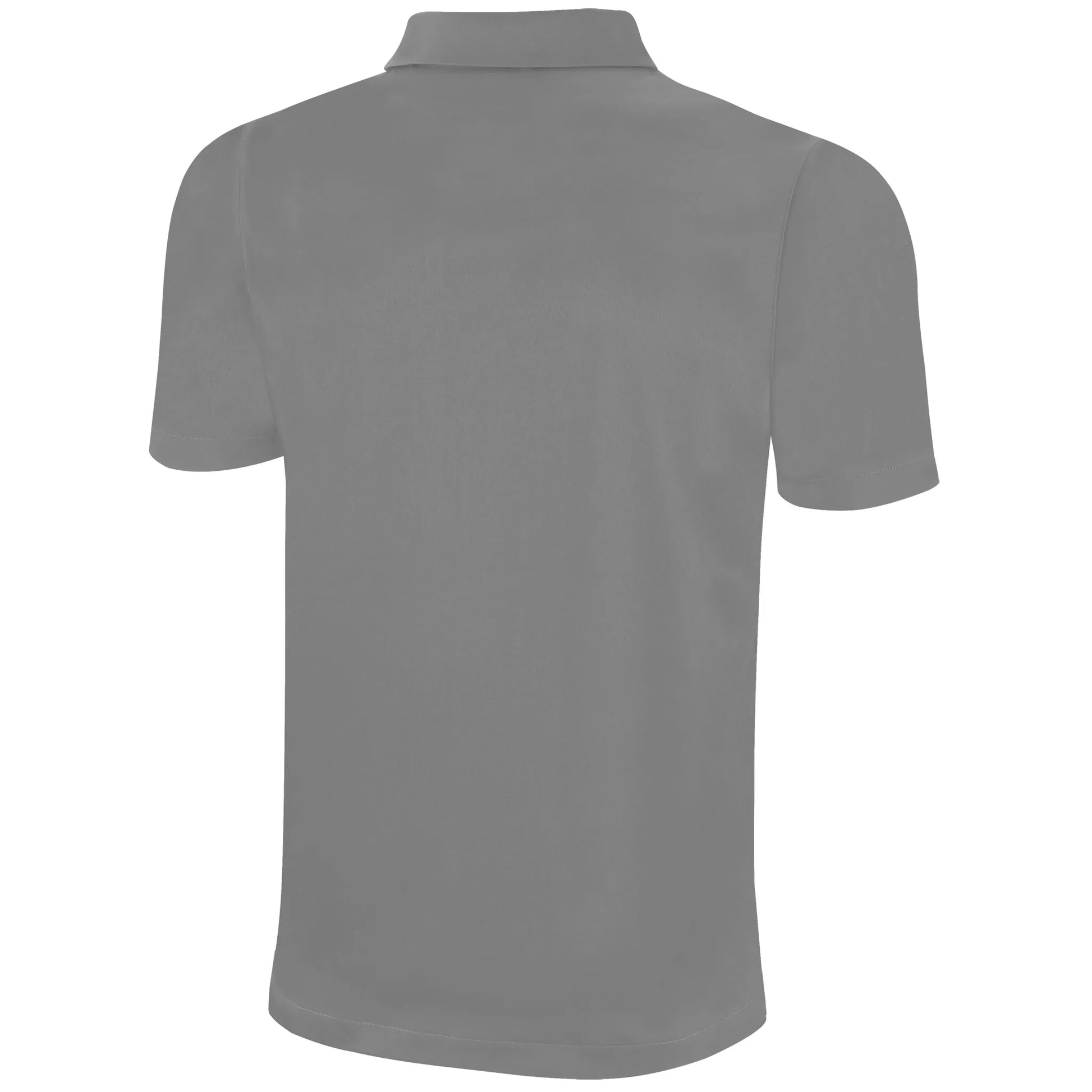 Gray polo shirt, back view, short sleeves, plain design.