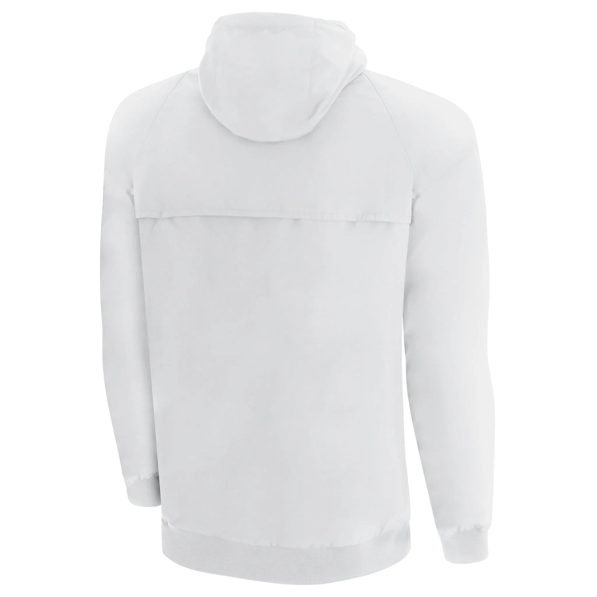 Black hooded jacket with long sleeves, back view.