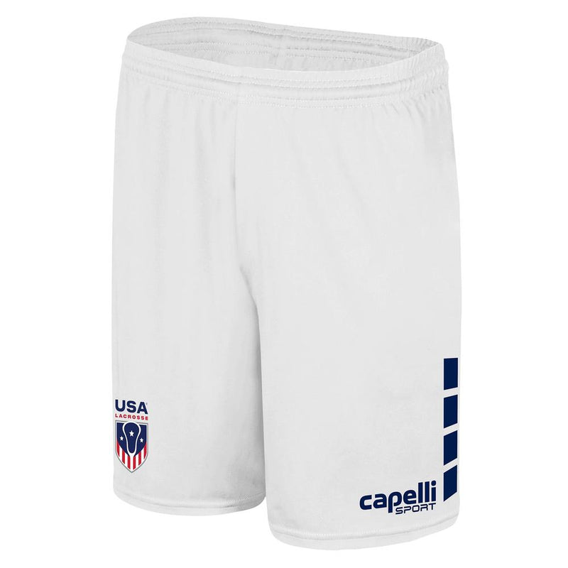 White sports shorts with blue and red logos.
